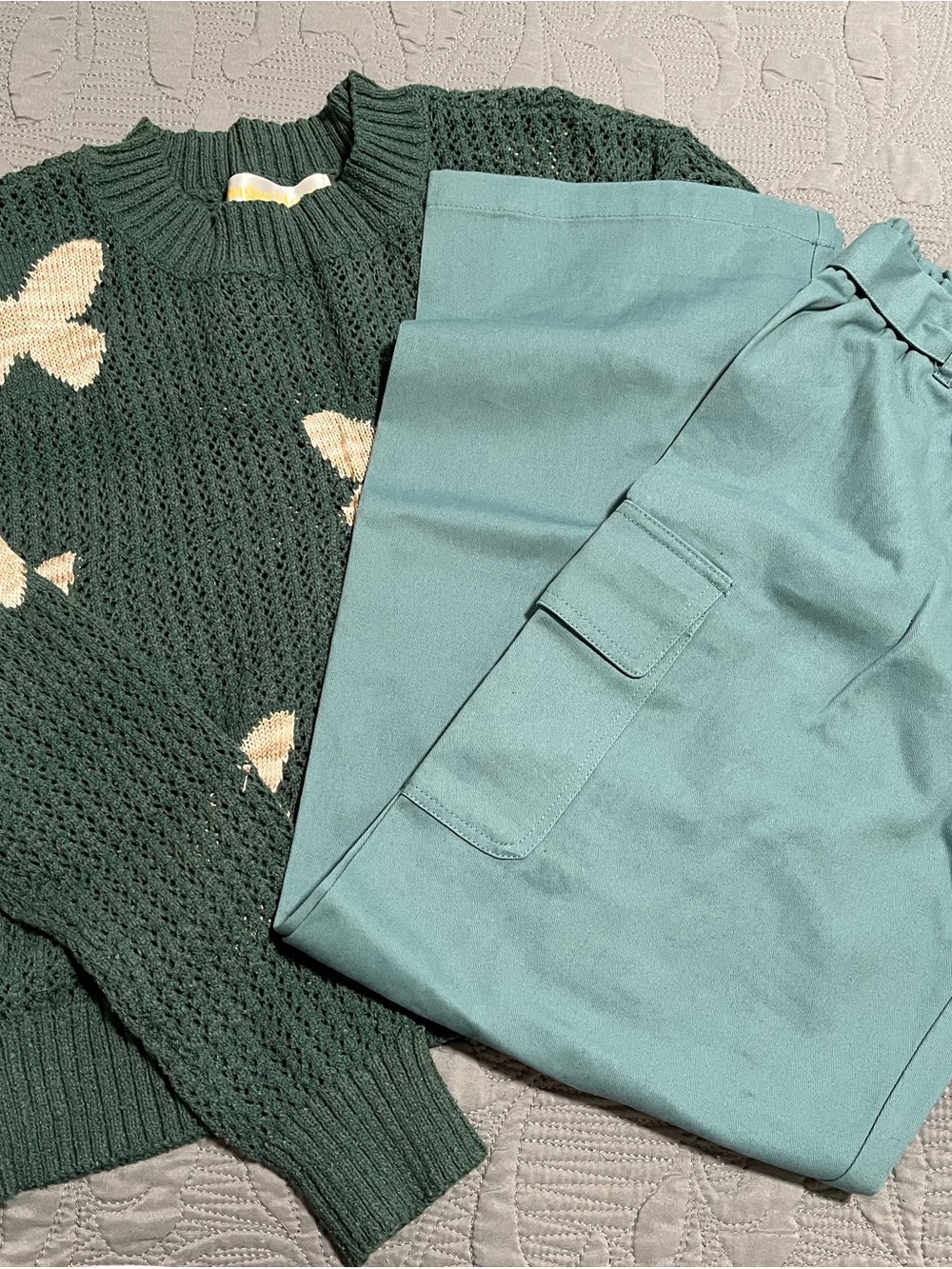 Kids Green Knit Sweater with Cream Butterfly Detail